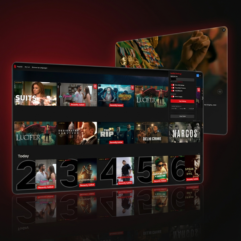 NetRot extension showing Rotten Tomatoes, IMDb, and Metacritic ratings on Netflix