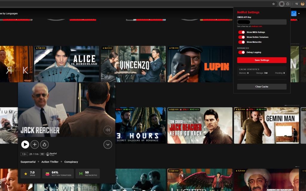 Rotten Tomatoes scores displayed on a Netflix movie card showing Fresh rating and audience score