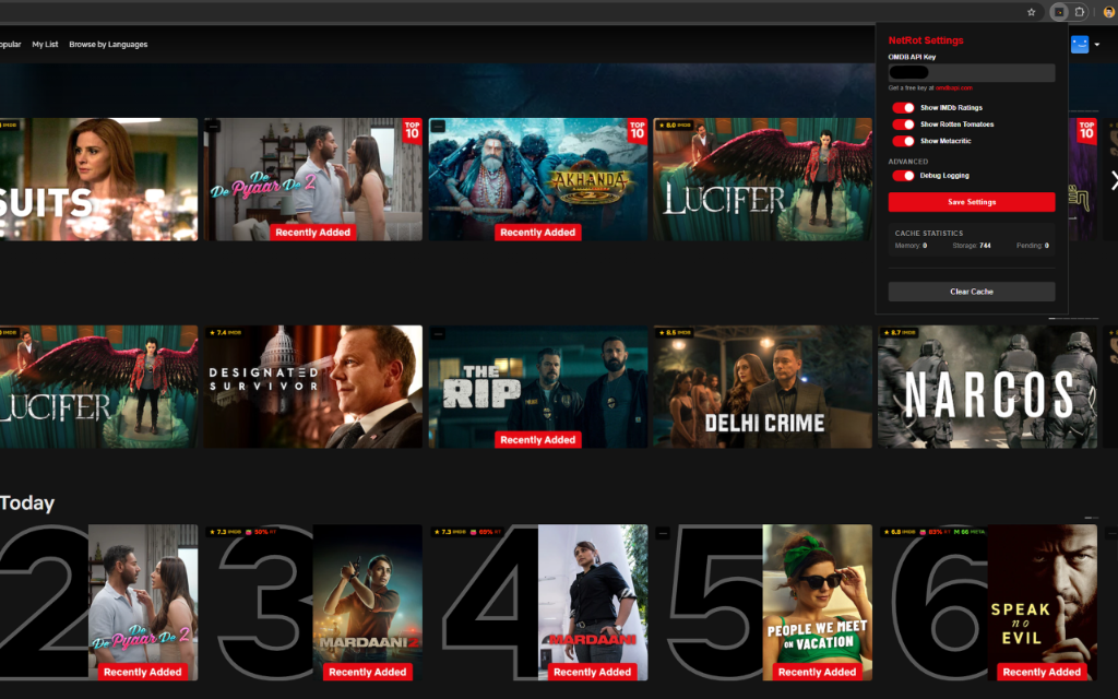 IMDb rating displayed on a Netflix title with star rating and vote count