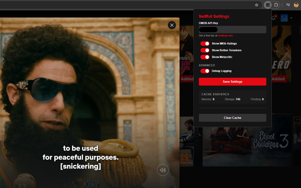 NetRot popup showing toggle switch to enable or disable ratings